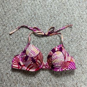 Aerie Red Pink Abstract Swim Bikini Top Size 32B Halter Underwire